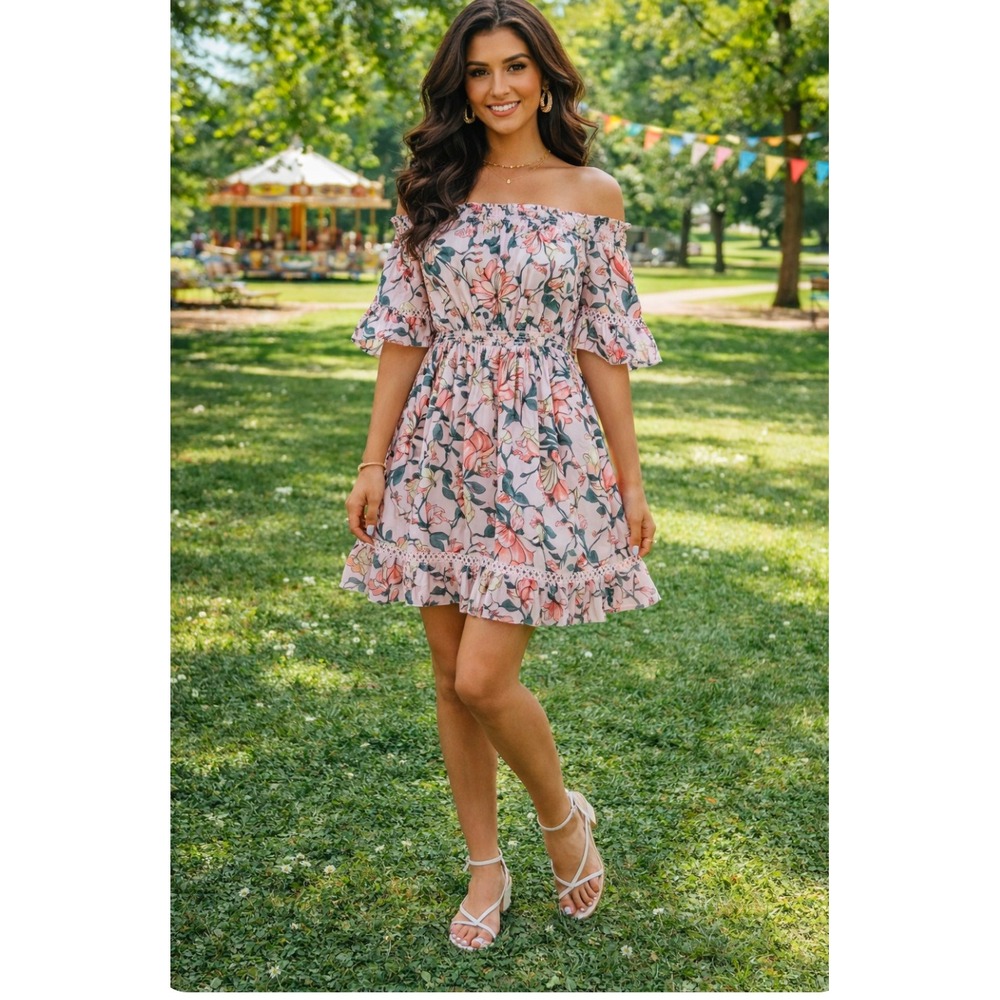 NWT Lulus Pink Floral Off-Shoulder Dress – Size Small